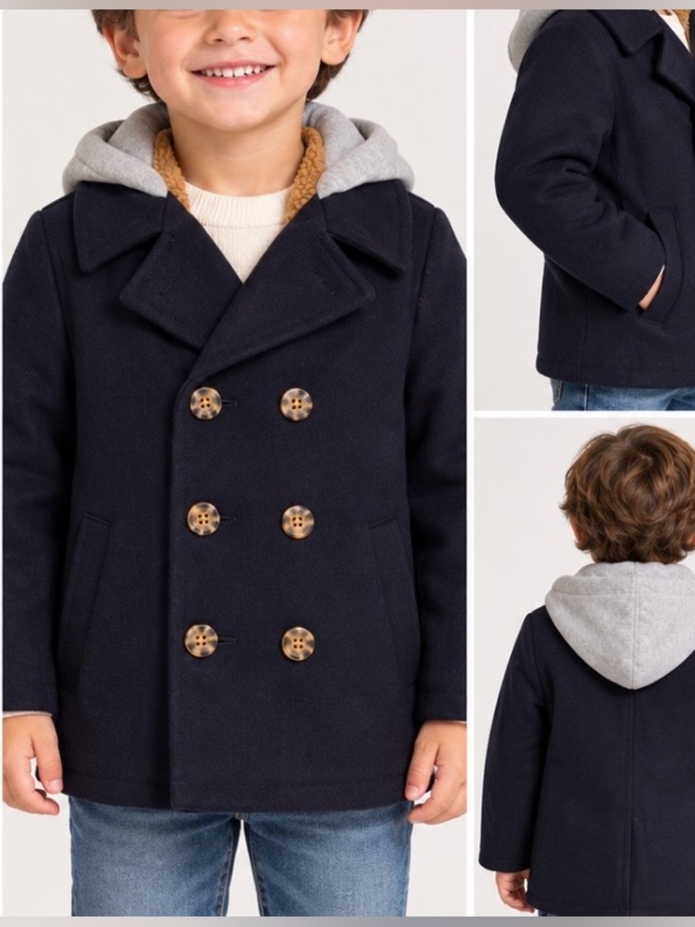 London Fog Navy Double-Breasted Pea Coat with Tortoiseshell Buttons